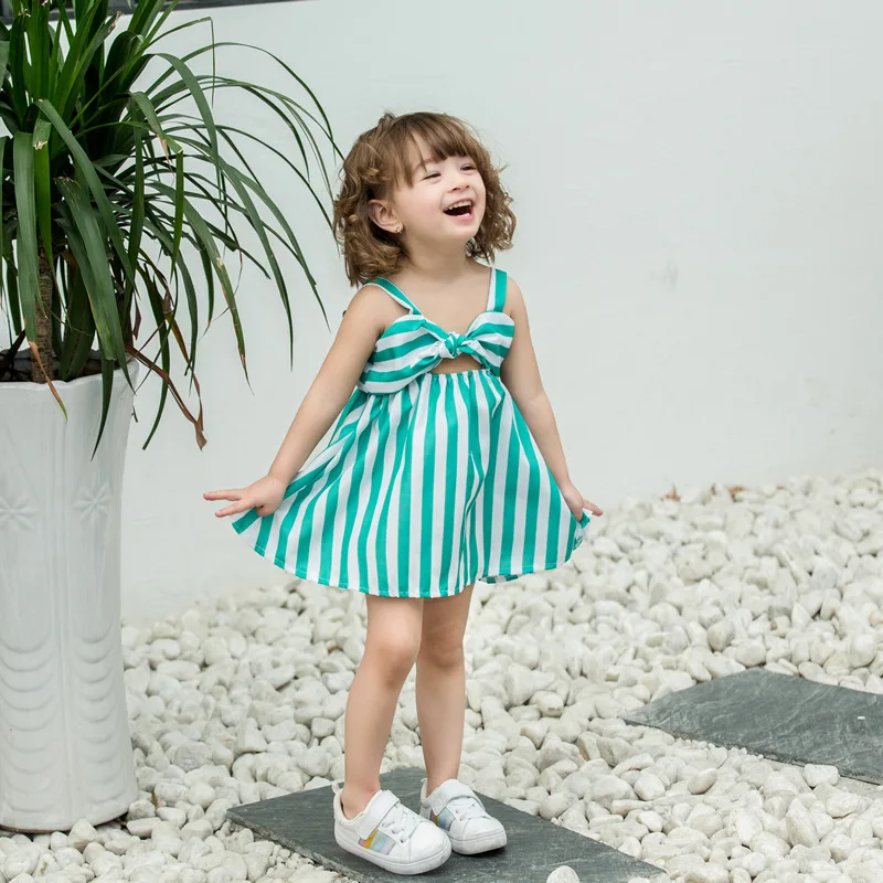 Summer Infants and Young Children Stripe Harness Dress Baby Girls A-Line Bow-Knot Girls Clothes For 80-130cm