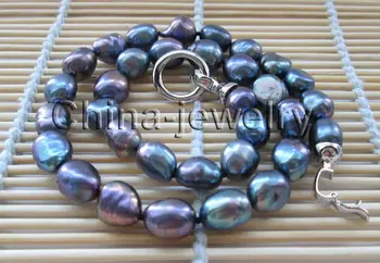 

FREE shipping> >>>Beautiful 17 " 10-13mm natural black baroque freshwater pearl necklace -GP clasp