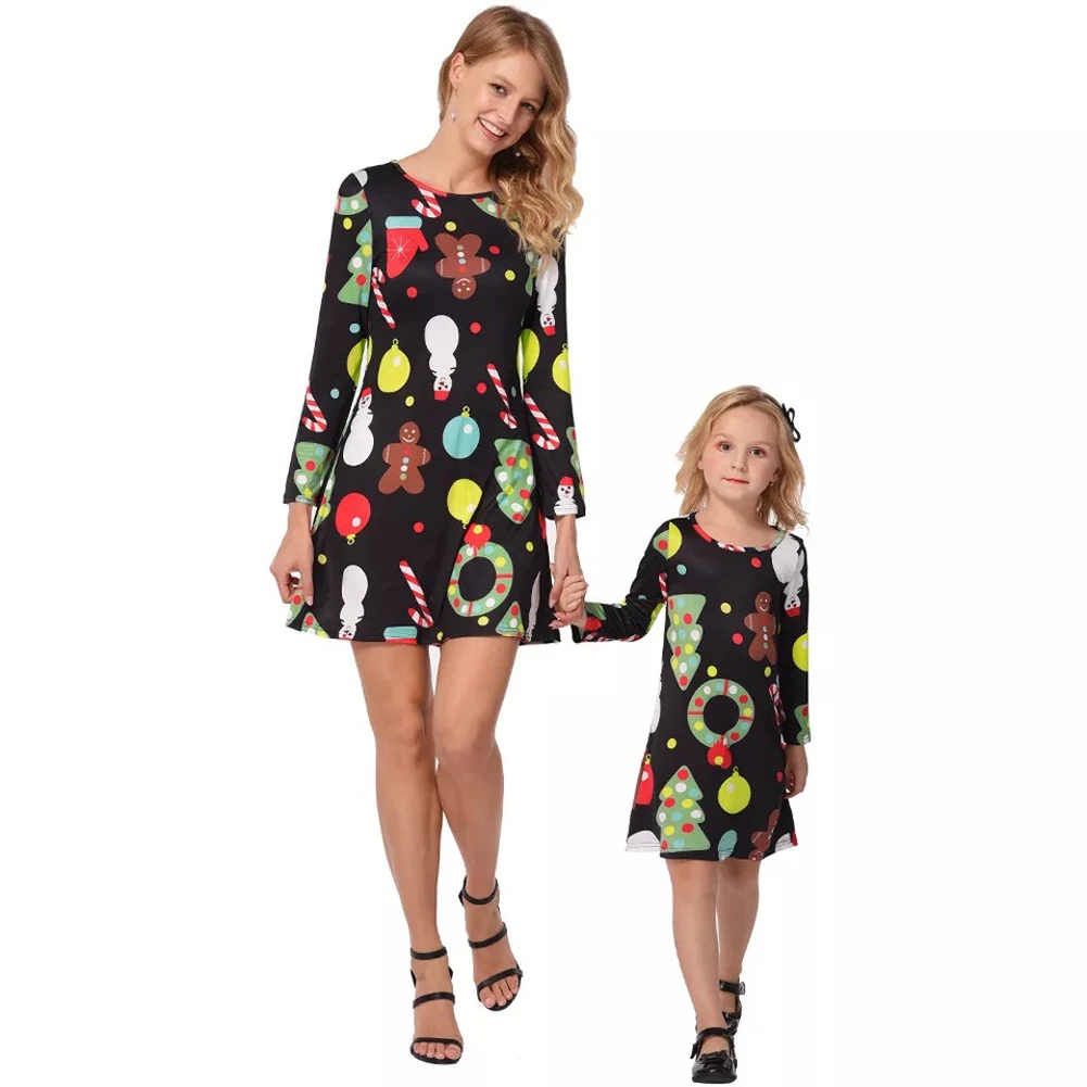

Women Girl Elegant Christmas Long Sleeve Printing Dress Parent-child Clothing Xmas Family Matching Clothes