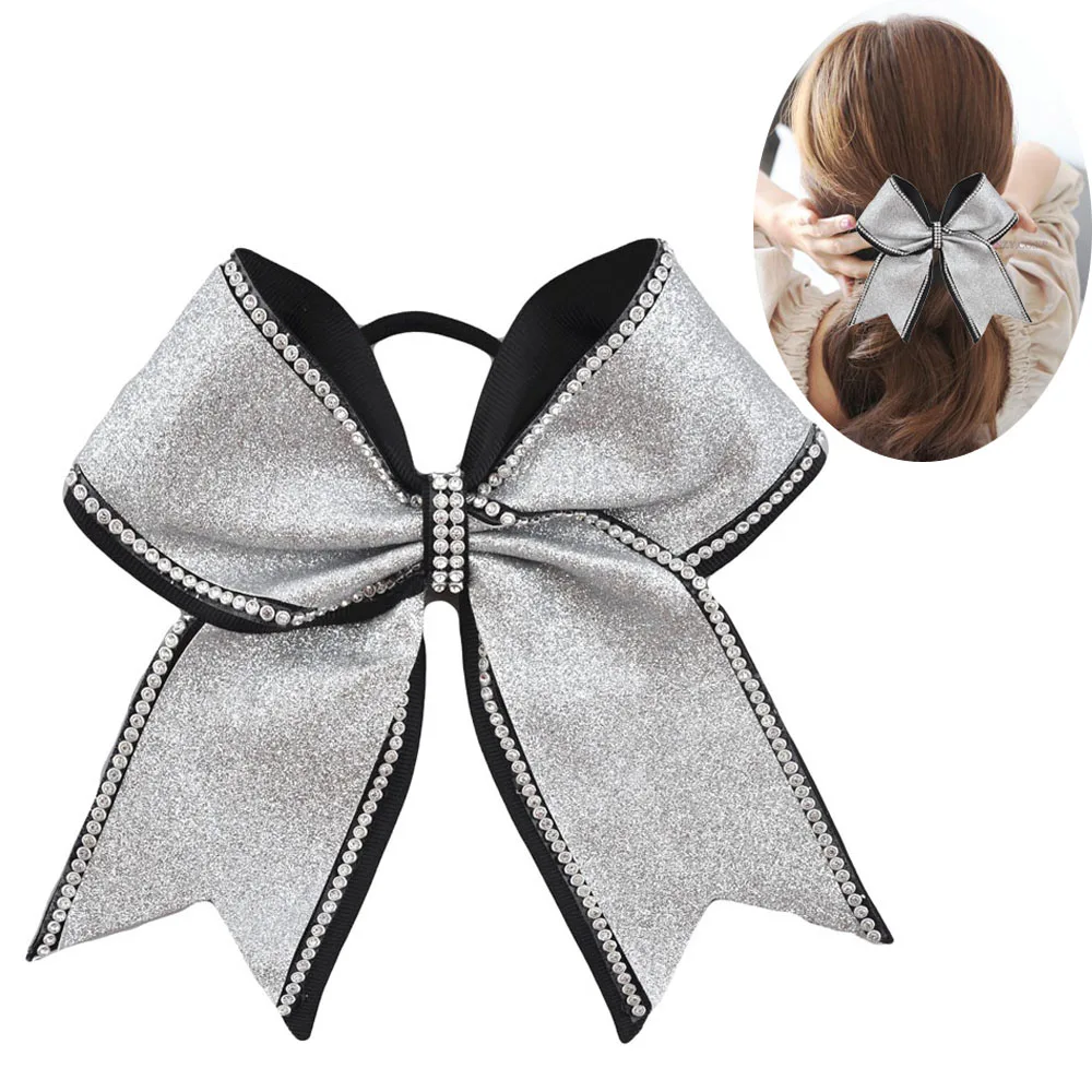 

2017 New girls hair bows 8 inch rhinestone bling kids popular cheerleading bows for children girl elastic hair band