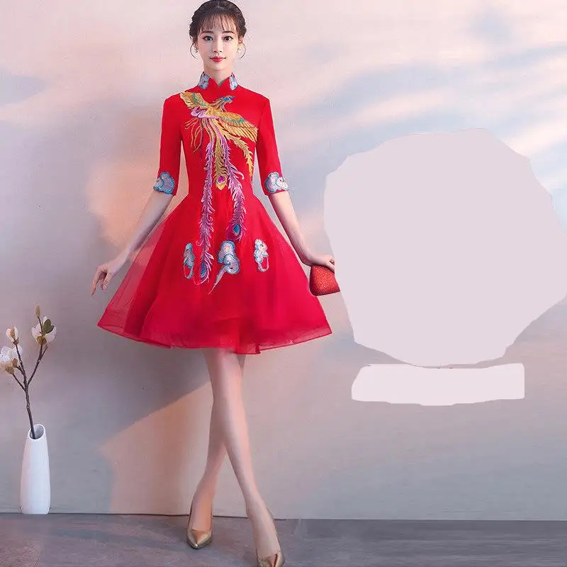 Традиционное китайское женское платье Cheongsam с вышивкой Феникс, элегантное Сетчатое платье с рукавом до локтя для свадебной вечеринки, винтажное платье Cheongsam - Цвет: Style 4