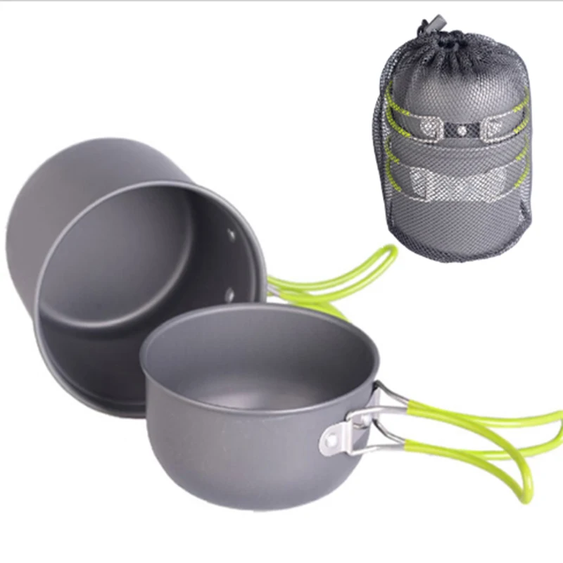2 unids/set portátil al aire libre Vajilla camping senderismo viajar Utensilios de cocina picnic Bowl pot pan set para 2-3 persona + bolsa de red