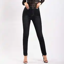 Для женщин 3XL зимние толстые теплые черные джинсы брюки бархат Тонкий плюс Размеры длинные брюки-карандаши простые Повседневное Осень