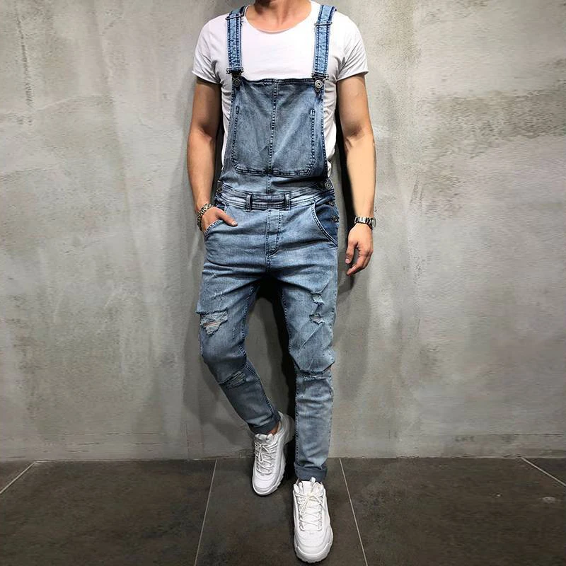 Mens Denim Overalls Jumpsuits Fashion Cool Man Casual Ripped Hole Jeans Pants Cargo Suspenders Trousers For Male Plus Size S-3XL