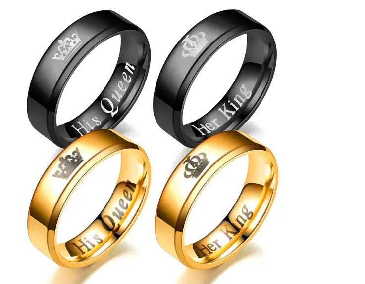cheap Gold colour King And Queen Stainless Steel Crown Couple Rings Gold Rings For Couples Lovers Love Promise Rings For Men Women