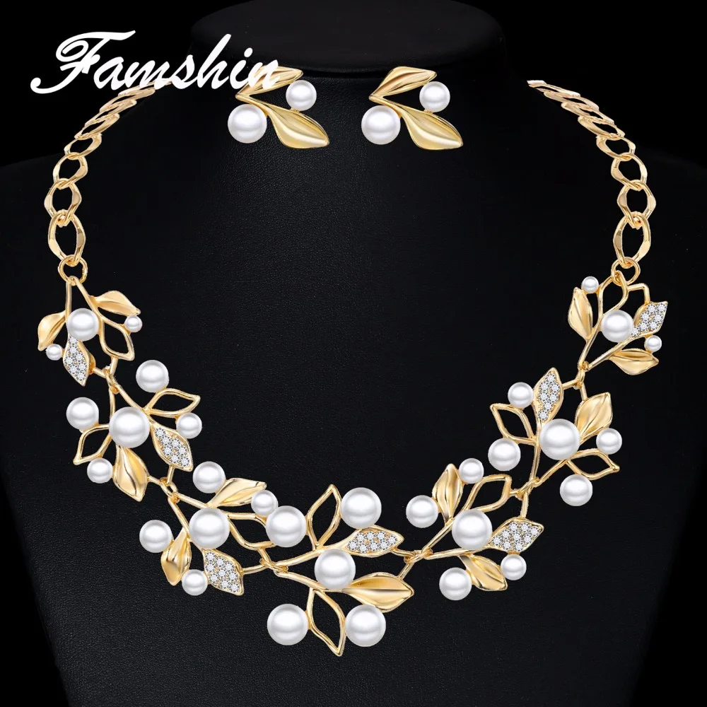 

FAMSHIN Elegant Simulated Pearl Bridal Jewelry Sets Wedding Jewelry Leaf Crystal Flower Silver Gold Color Necklaces Earrings Set
