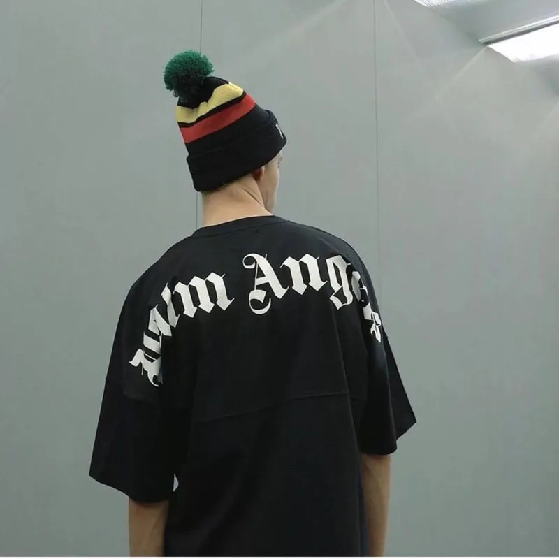 

2019 Best Fashion Palm Angels Oversize T Shirt Hip Hop Solid Color Palm Angels Big Letter Printing Top Tees Black Cotton T-Shirt