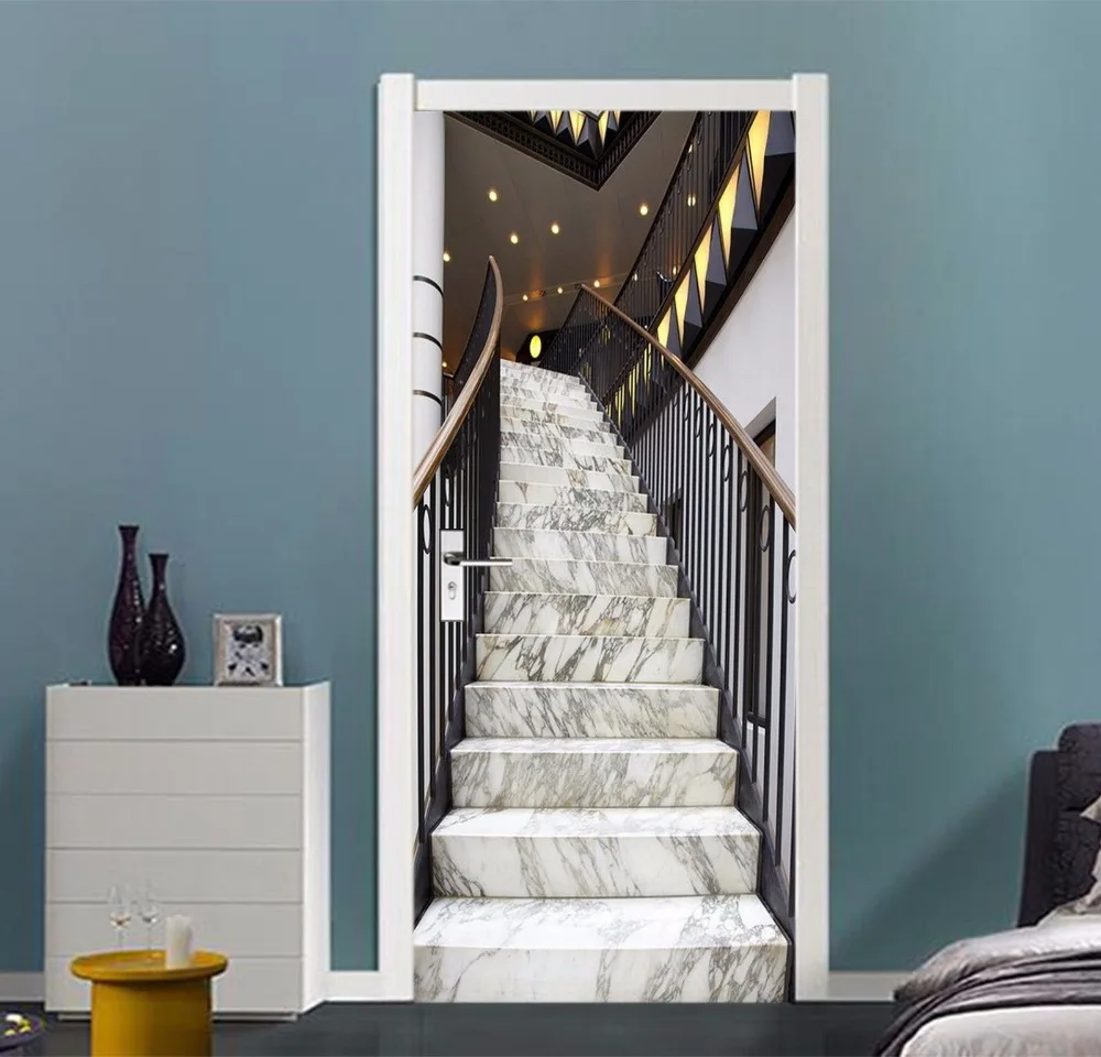 

Free shipping Luxury stairs Door Wall Stickers DIY Mural Bedroom Home Decor Poster PVC Waterproof Door Sticker 77x200cm
