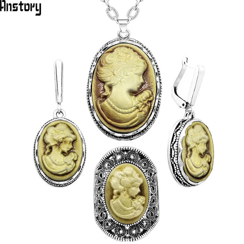 Lady Queen Cameo Jewelry Sets Vintage Necklace Earrings Ring For Women Flower Pendant Fashion Party Fashion Jewelry - Окраска металла: Necklace set