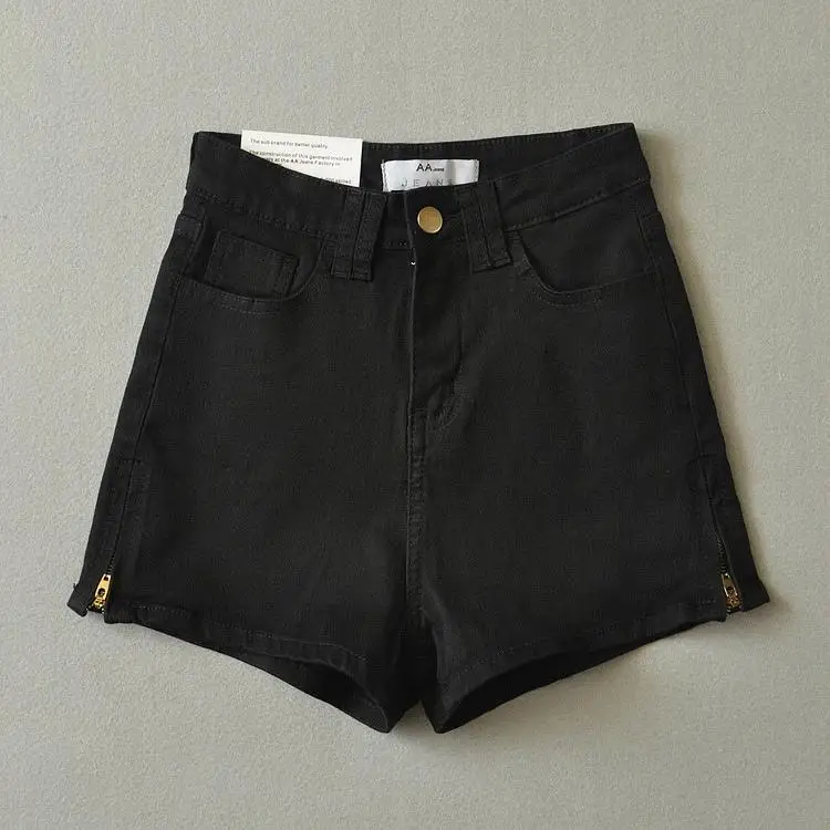 Летние Новые Модные женские шорты с высокой талией и боковой молнией, цветные хлопковые тонкие джинсовые шорты для женщин - Цвет: Черный