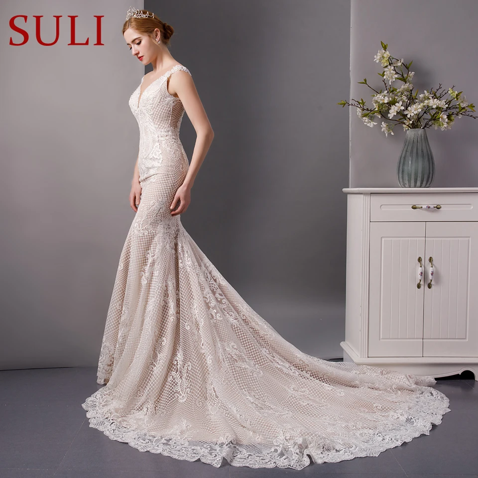 

SL-6083 New Arrival Champagne Lace Mermaid Wedding Dresses Full Beading 2019