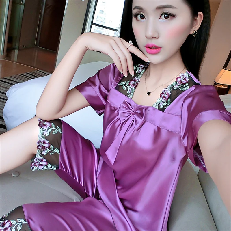  Sale summer sexy silk casual lace pajamas sets for women pyjama girls floral printed pajamas sleepw