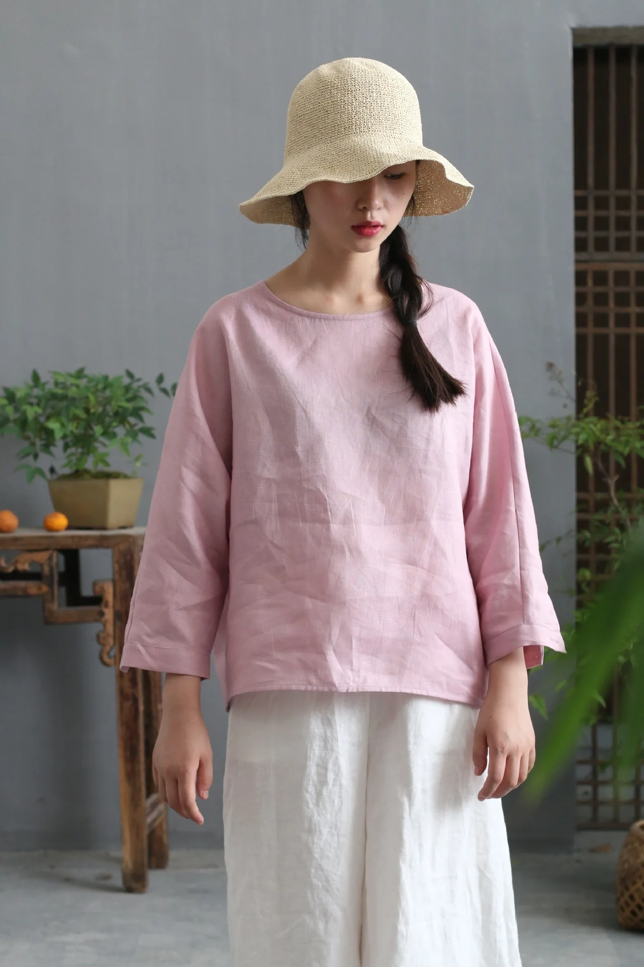 

Elegant Ladies Loose O Neck Batwing Sleeve Cotton Linen T shirt, Pink White Solid Color Breathable Spring Autumn Cozy Tee Shirts
