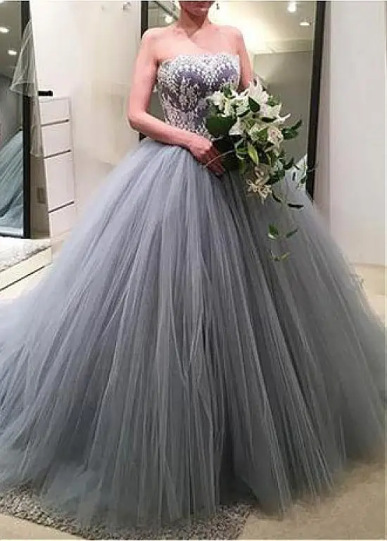 Серое Платье Vestido De Noiva мусульманское свадебное платье бальное платье без бретелек Тюль Кружево Бохо Дубай арабское свадебное платье свадебные платья