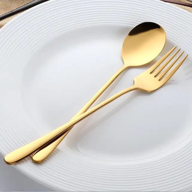 2PC Korean Soup Spoon and Fork Set 18/10 Stainless Steel Gold Dinner
