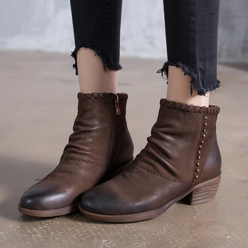 

2018 VALLU Autumn Leather Shoes Women Boots Ankle Boots Pleated Rivet Handmade Vintage Side Zipper Ladies Booties