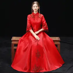 Красное свадебное платье Традиционный китайский Ципао Национальный костюм женские за рубежом Новый Китай Стиль невесты вышивка Cheongsam S-XXL