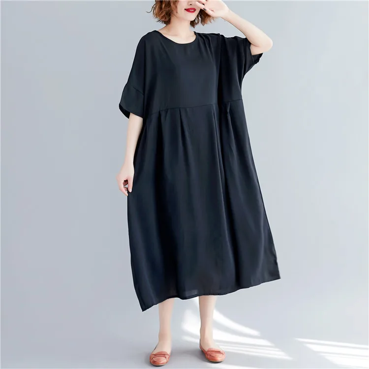 BelineRosa Simple Casual Black Color Dress in Big Sizes High Waist Loose Style Women Dress Cotton Linen Natural CLothesBSDM0250