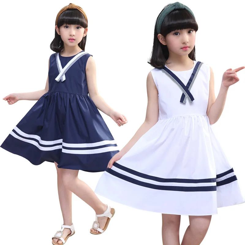 

2018 Summer Girls O Neck Sleeveless Striped Preppy Style Dress Baby Kids Cotton Princess Party Elsa Dress For Children masha