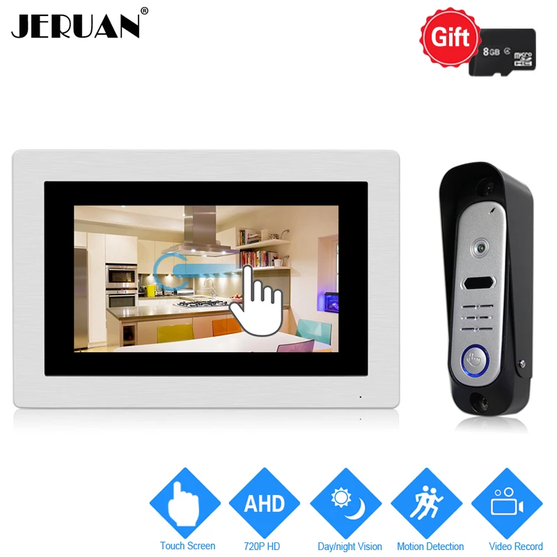 

JERUAN 720P Motion Detection 7`` Touch Screen Color Video Intercom Doorbell Intercom System Record Monitor +HD Waterproof Camera