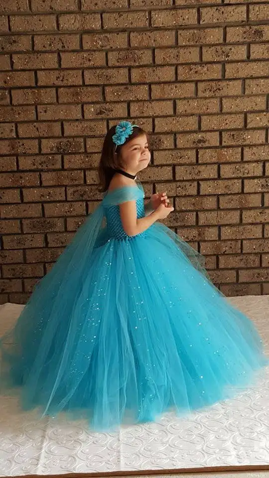 Бирюзово-голубое блестящее детское платье для девочек свадебные вечерние платья с v-образной юбкой-пачкой для девочек, фатиновая Одежда для девочек