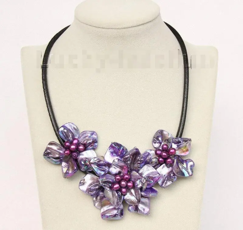 

Jewelry free shipping baroque handcraft bloom purple seashell pearls choker leather necklace j9823