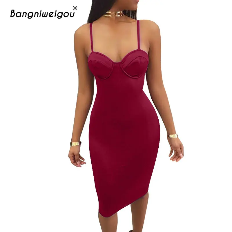 Bangniweigou сексуальное атласное платье с эффектом пуш-ап на молнии сзади на тонких бретелях Клубная одежда облегающие вечерние платья миди красного цвета для женщин