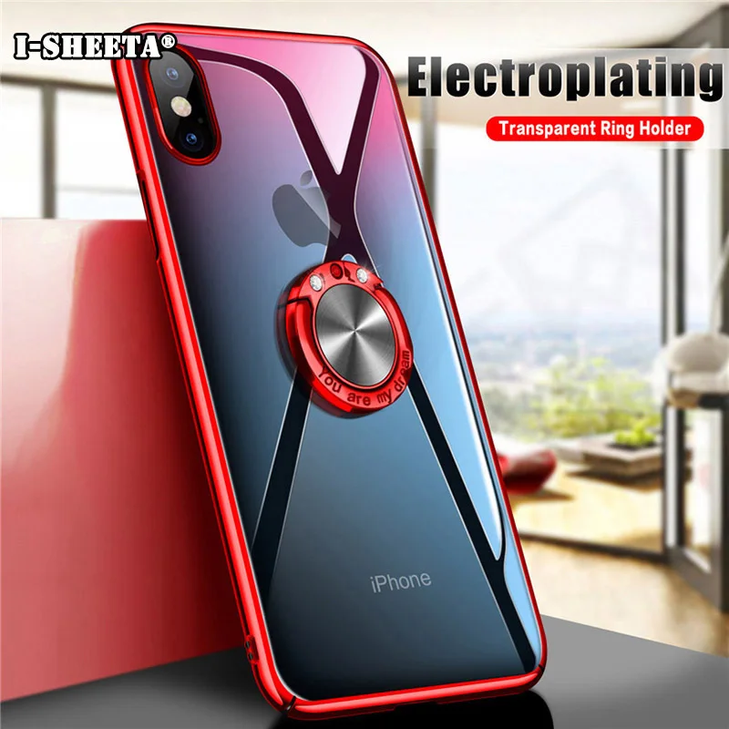 Shockproof For iPhone X XS Max XR 6 7 8 6s Plus Case Slim Plating Clear Transparent Hard PC Cover 360 Magnetic Ring Holder Stand |