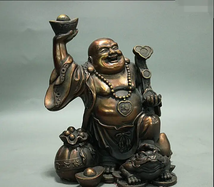 

7" Hold RuYi YuanBao Happy Laugh Maitreya Wealth Monkey Bag Toad Bronze Statue