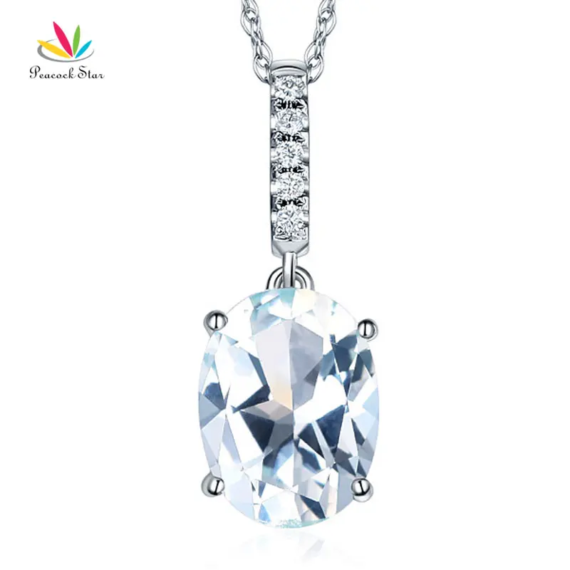 

Peacock Star 14K White Gold 4.1 Ct Oval Clear Topaz Pendant Necklace 0.1 Ct Diamond