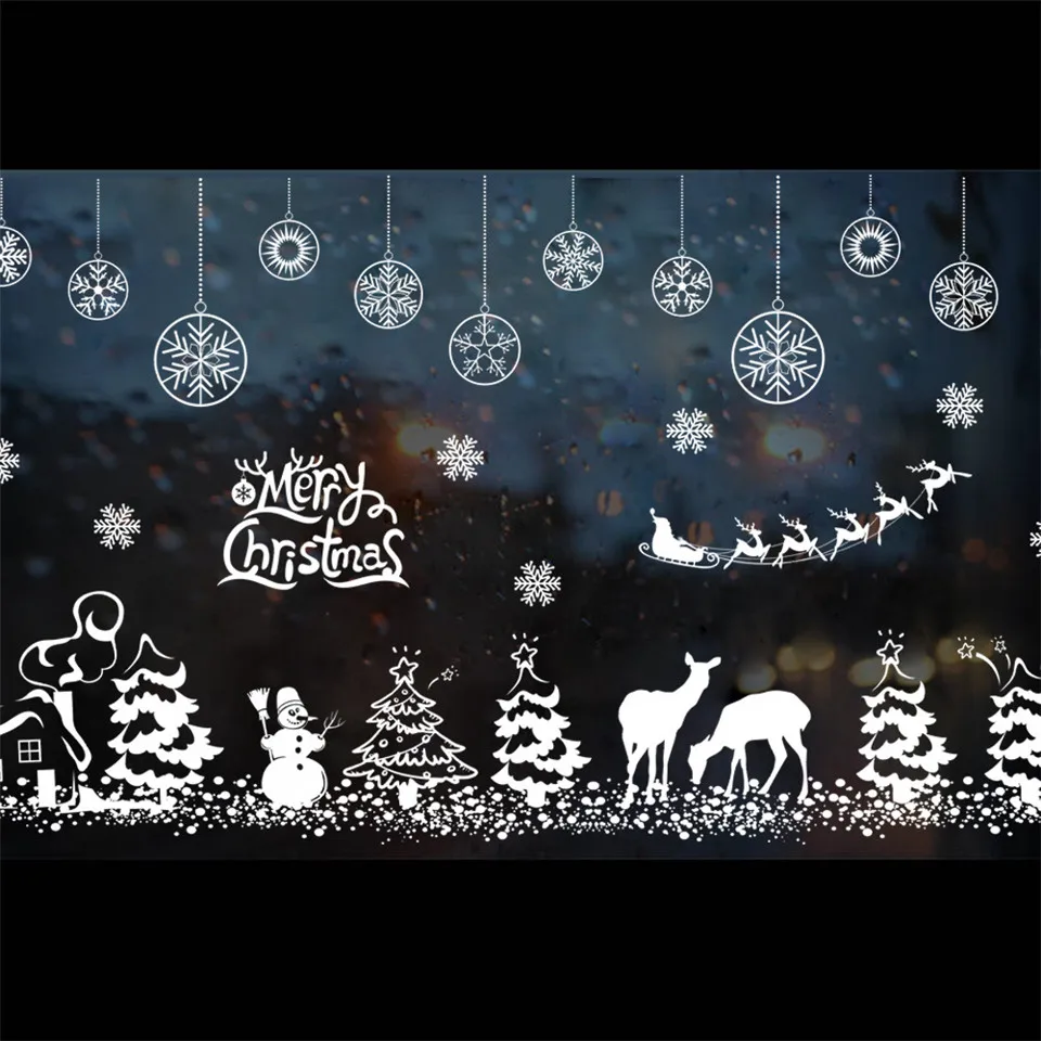 

Removable Merry Christmas White Stickers Wall Showca Window Quote Snowflake Elk Tree Vinyl Decor Decal Self Adhesive Wallpaper