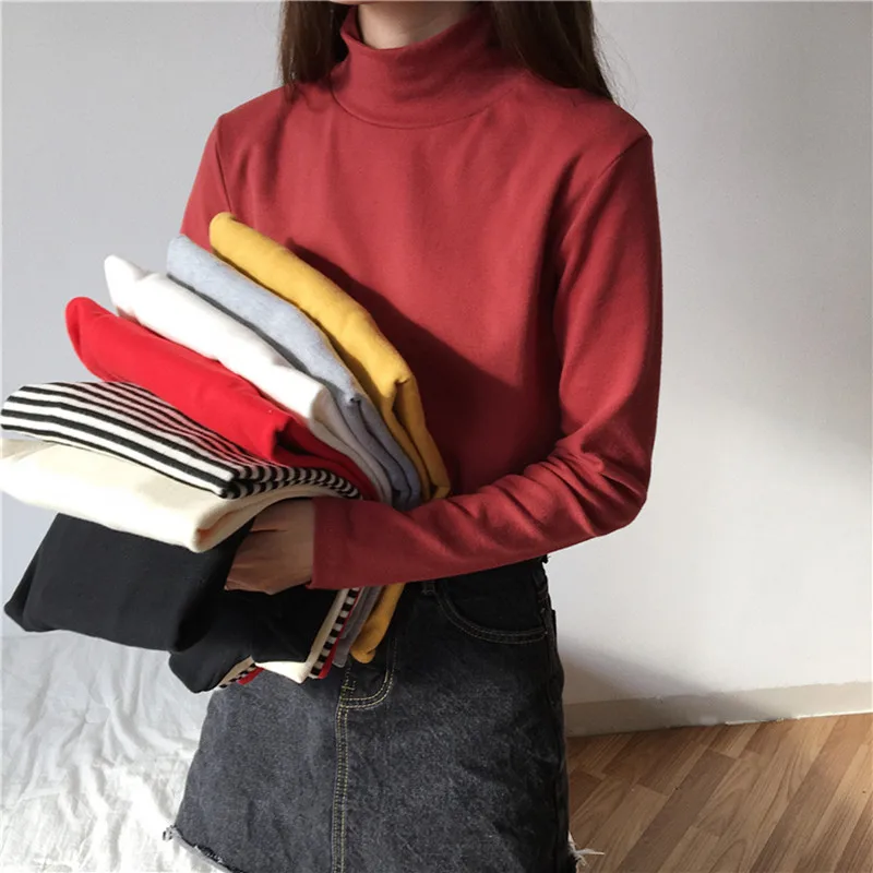 

9 colors women tops 2018 autumn and winter Turtleneck long-sleeve solid color slim basic t shirts womens tee shirt femme (C625)