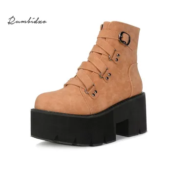 

Rumbidzo Women Boots 2018 Round Toe Winter Boots Platform High Heeled Lace Up Black Bootie 8cm Buckle Strap Wedge Botas
