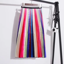 Длинная Плиссированная юбка модная контрастная летняя с высокой талией юбка Женская эластичная талия линия миди юбка осенние длинные юбки
