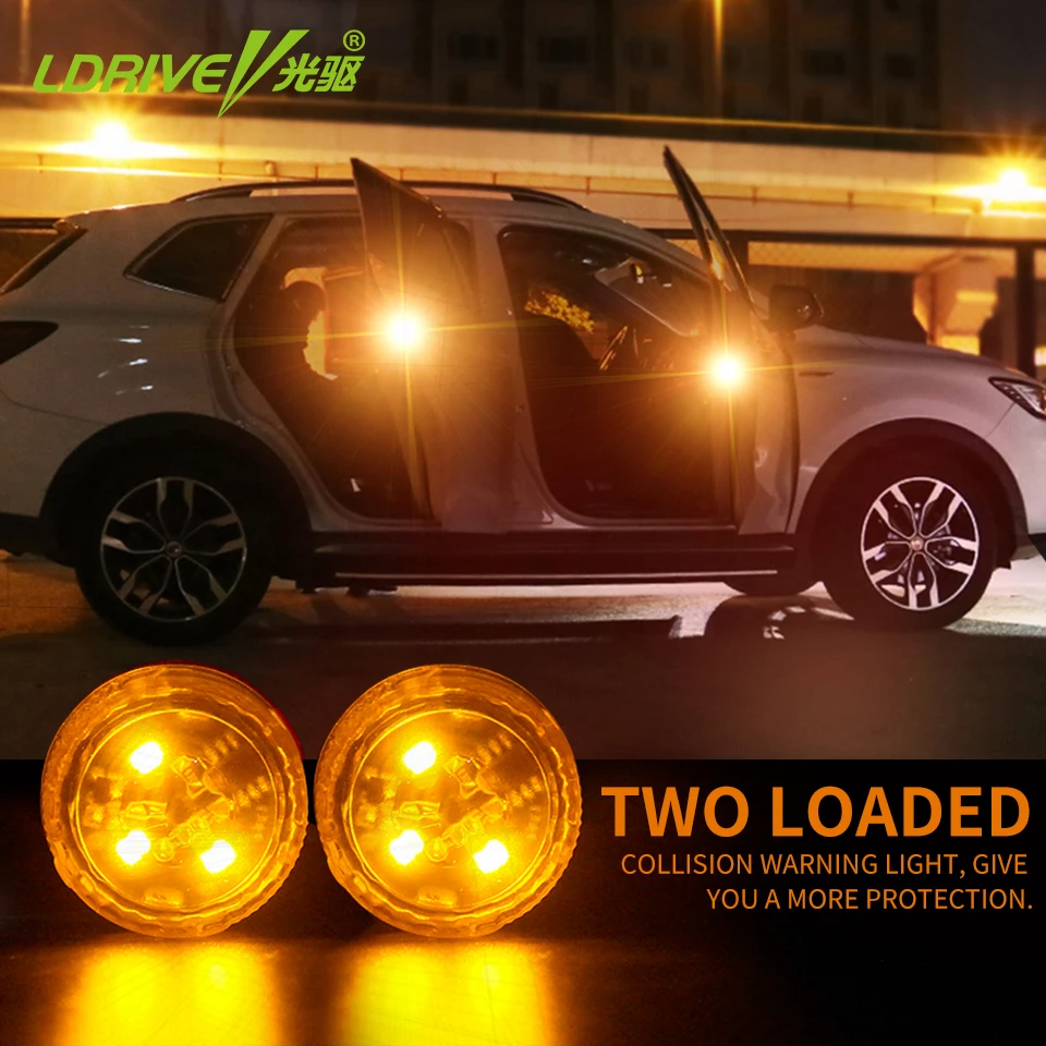 

LDRIVE 2PCS Wireless Car Door Light Strobe Yellow Amber Blue White Red Anti Collison Auto Door Flashing Lamp Battery Powered