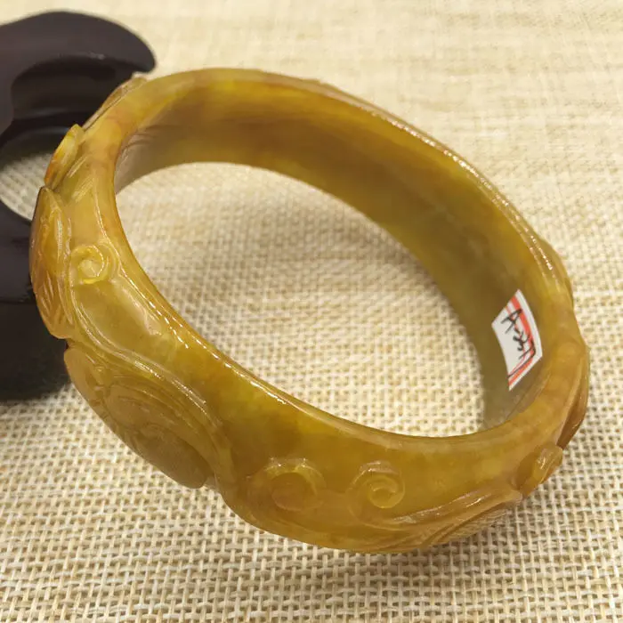 

A-2377 Chinese Hand-carved Yellow Brown Jadeite Jade Gems Bangle Bracelet 60mm
