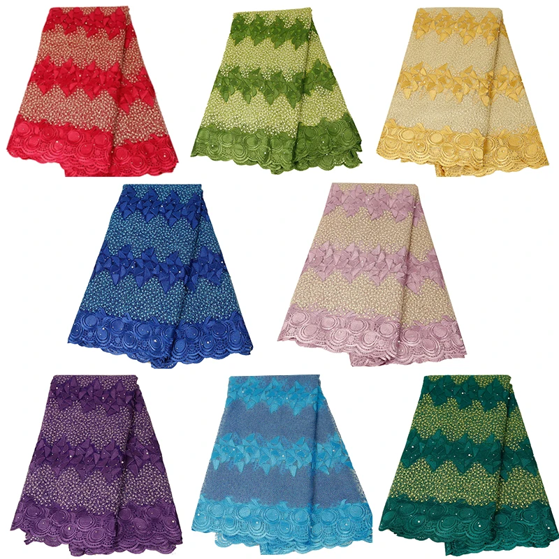 

2018 Fashion Embroidery Swiss Voile Lace Fabric with Stones Nigerian Fabric High quality Cotton Sewing Material 5yards for Dress