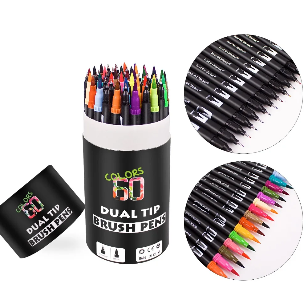 60 Farben Dual Tip-Brush Markers Pens Set Art Paint Breites Fineliner-Aquarell