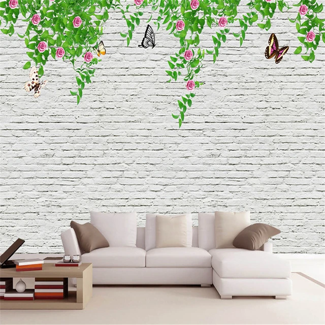 Pastoral Mural Wallpaper Grey White Brick Wall Murals Living Room Pink  Flower Wallpaper Tv Background Home Decor Restaurant Wall - Wallpapers -  AliExpress