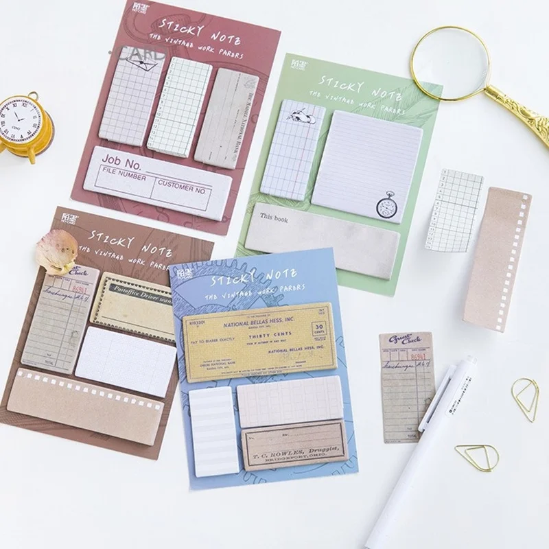 

JUKUAI 4Pcs/Lot Vintage Work Paper Sticky Note Post It Label Sticker Diary Memo Pad Bookmark Stationery School Supplies 8007