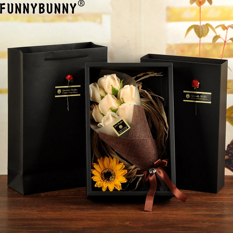 

FUNNYBUNNY Artificial Flowers 7PCS Soap Flower Gift Box Valentine's Day Gift Roses Carnation Bouquet Fake Flowers