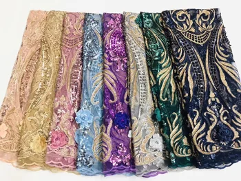 

2019 High Quality Tulle Lace Rose Gold African Lace Fabric With Sequins Beads African French Wedding Lace Fabric For 5yards