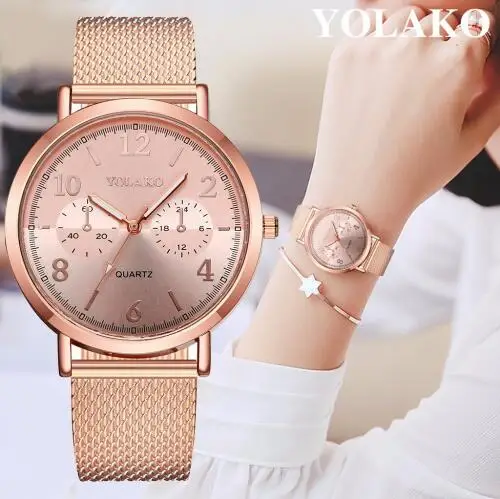 YOLAKO модный бренд розовое золото пластик кожа наручные часы Роскошные для женщин Аналоговые кварцевые часы Relogio Feminino Лидер продаж