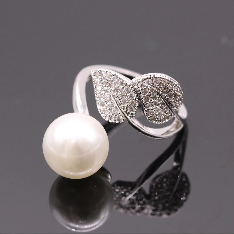 

GZJY Gorgeous Gold Color Pearl Leaves White Zircon Wedding Party Opening Ring For Women Luxury Anniversary Jewelry