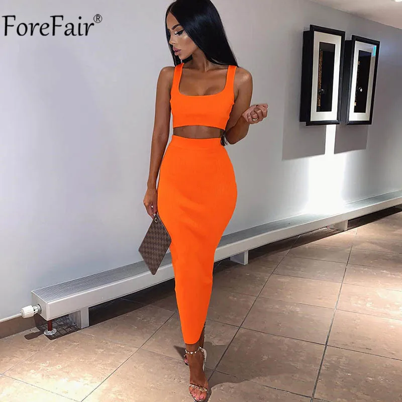

ForeFair Two Pieces Set Women Tank Summer Party Dress Neon Sleeveless Midi Sexy Club Bodycon Dress