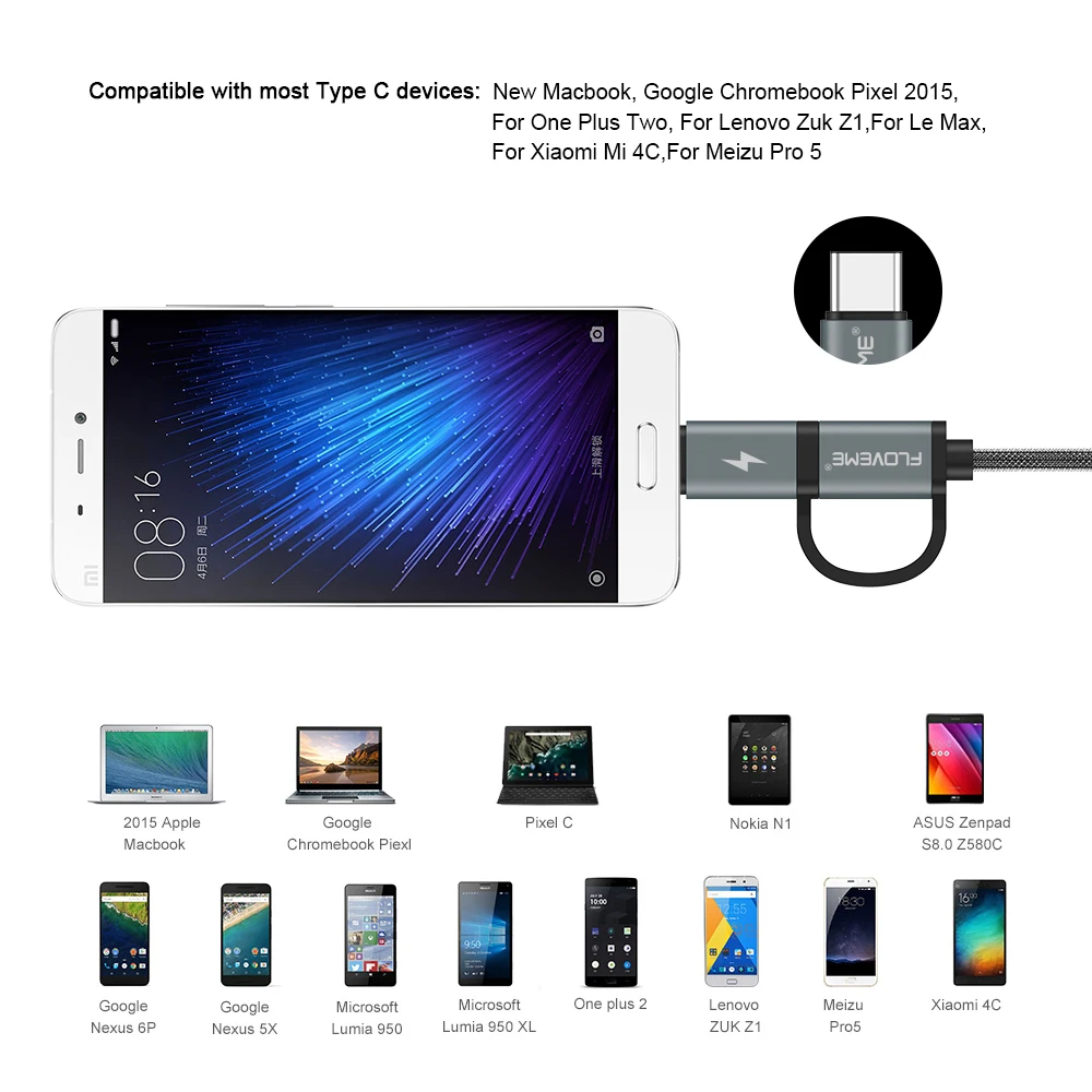 FLOVEME 2 في 1 ميركو USB + نوع-C USB كابل مضفر شاحن سريع QC 3.0 USB-C الهاتف المحمول كابل ل غالاكسي S8 Xiaomi الهاتف الذكي