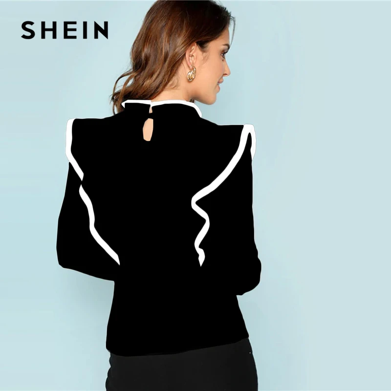 SHEIN элегантный уик-энд Повседневное Для женщин контрастной отделкой оборкой встроенная кнопка стенд collarpullovers футболки облегающая футболка