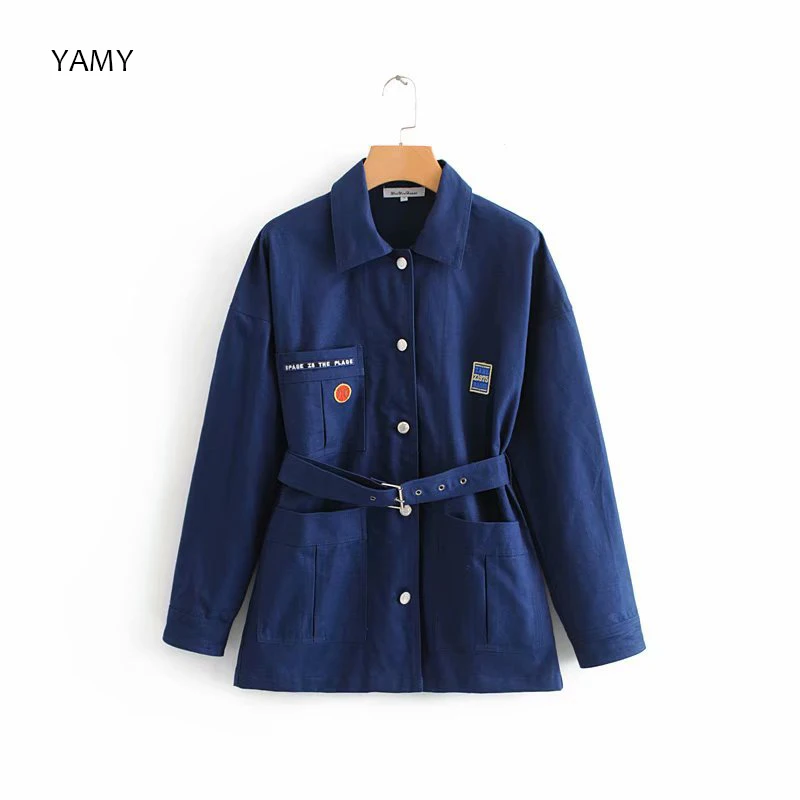 

Navy Blue Womens Bomber Jacket Long Sleeved Spring Fall Outfit vintage style womens buckle pocket Jacket Coat office Outwear