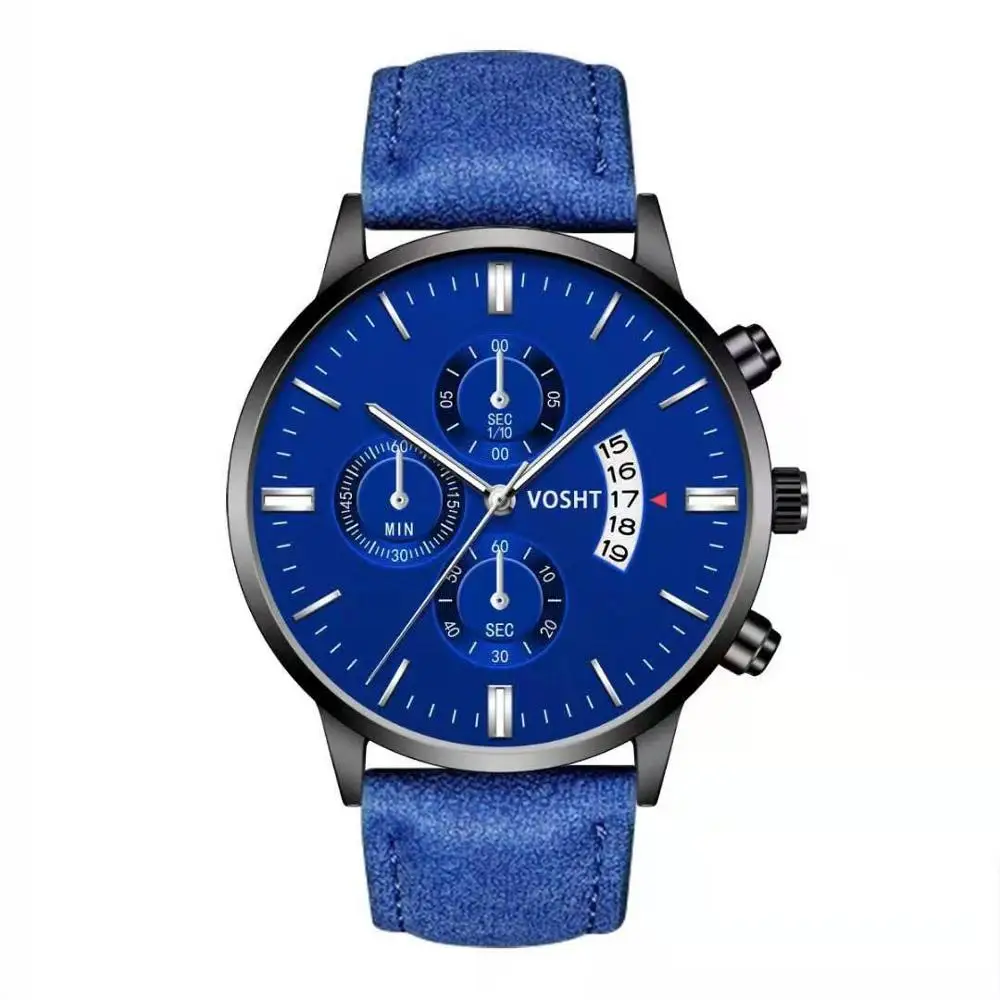 Мужские часы, мужские модные спортивные часы с календарем, кожаный ремешок, кварцевые Бизнес наручные часы, Reloj Hombre Saat - Цвет: Black Case Blue