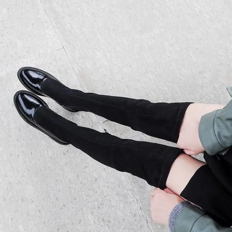 

New Winter Luxury Famous Brand Boots Women Over The Knee Patchwork Leather Round Toe Suede Upper Ladies Botas Chain Sole Shoes